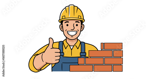 Smiling construction worker giving thumbs up next to brick wall in cartoon style