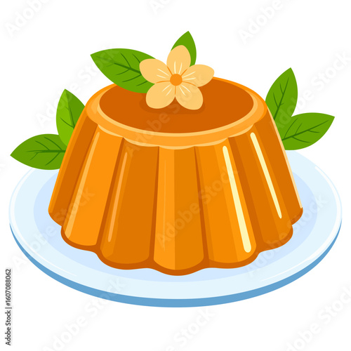 Fluted orange pudding dessert garnished with a delicate flower and fresh green leaves on a plate.