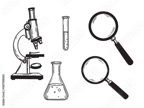 Vintage science lab set featuring microscope test tube beaker and magnifying glass in engraved style