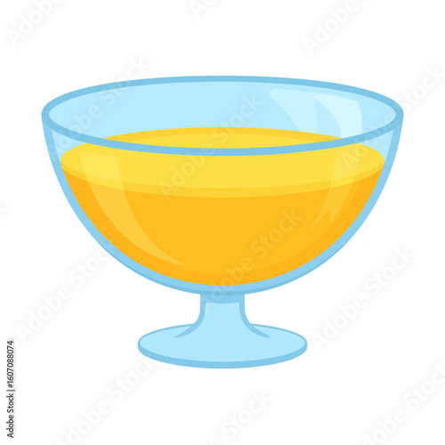 A vibrant yellow dessert, possibly pudding or jelly, served in a wide, light blue glass coupe bowl.