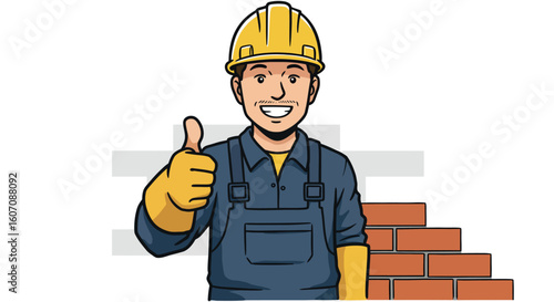 Smiling construction worker giving thumbs up in cartoon style