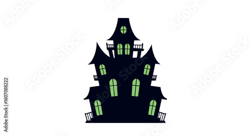 Spooky haunted house with green windows isolated on white background