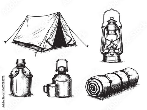 Engraved camping gear with tent lantern canteen and sleeping bag in solid black linework style