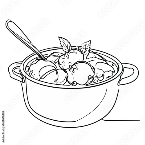 Minimalist line art of a pot of meatballs in sauce, garnished with fresh herbs and a spoon.