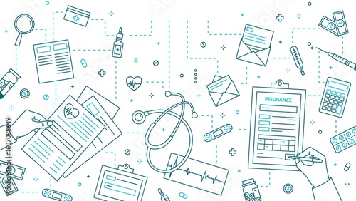 A vector illustration of medical and financial elements arranged on a white background, suggesting healthcare, insurance, and related concepts.