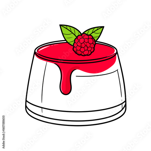 Stylized panna cotta pudding with red raspberry coulis, a fresh berry, and green mint leaves.