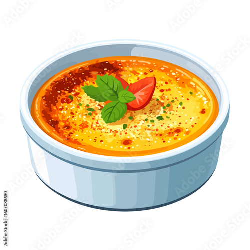 Gourmet cr?me br?l?e with a golden caramelized crust, garnished with a fresh strawberry slice and mint leaves in a white ramekin.