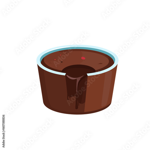 Decadent chocolate lava cake with a molten core oozing from the center in a ramekin.