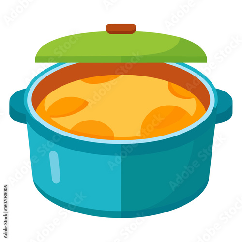Teal cooking pot with a green lid slightly ajar, revealing a hot, simmering vegetable soup inside. Flat design illustration.