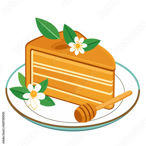 Illustrated slice of layered honey cake with white blossoms, green leaves, and a honey dipper.