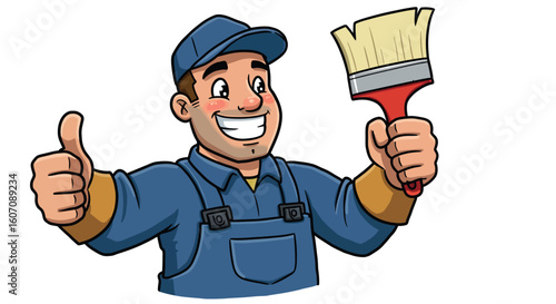 Happy cartoon painter giving thumbs up while holding paintbrush