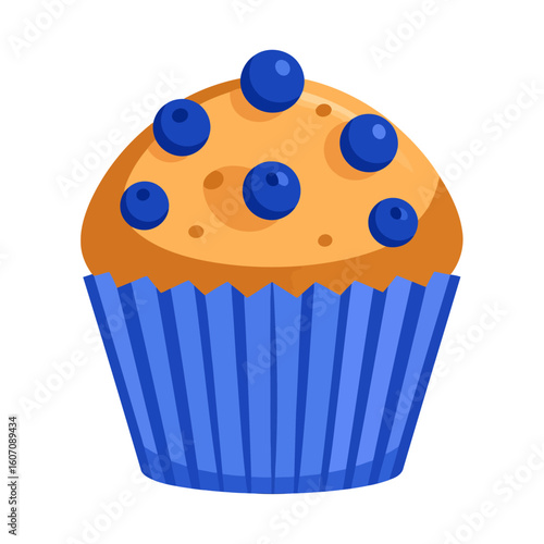 Golden baked blueberry muffin with whole berries on top, served in a vibrant blue pleated paper cup. Flat vector illustration.