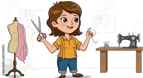 Cute cartoon style seamstress with scissors and thread in workshop