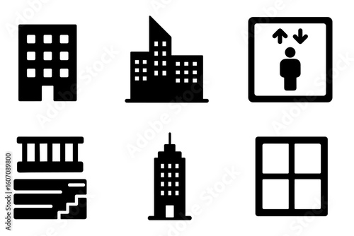 Building and elevator icons set: apartments, offices, institutions, windows, elevators