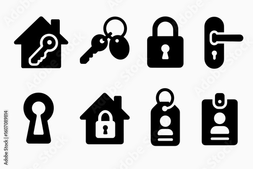 Collection of black security icons: keys, locks, door handles, and badges