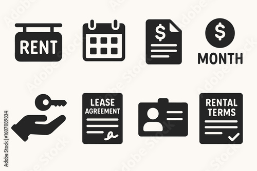 Real estate and rental agreement icons for property leasing and management