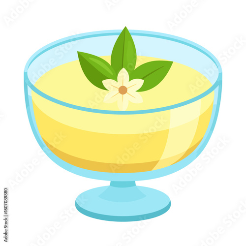 Creamy yellow vanilla pudding in a blue glass bowl, garnished with a white flower and green leaves.