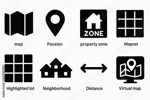 Icons of maps and property zone features with neighborhood and virtual map elements