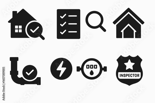 Home inspection icons set: house, checklist, magnifying glass, pipe, electricity, water meter, inspector badge