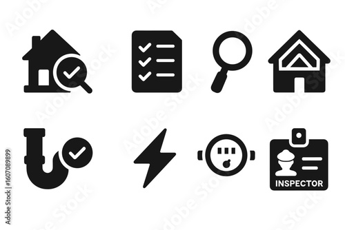 Home inspection icons set including checklist, magnifying glass, and plumbing symbols