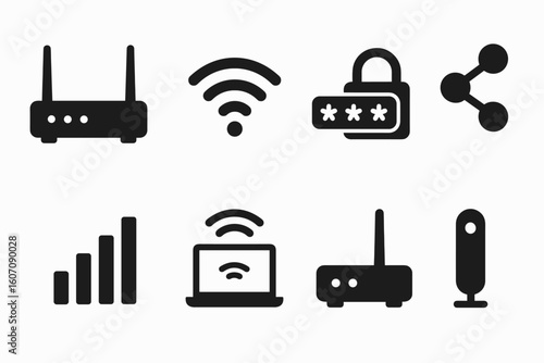 Set of eight broadband internet connection icons including wi-fi router and security lock