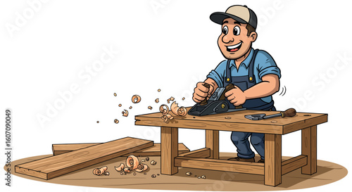 Cartoon carpenter enthusiastically planing wood at workshop table