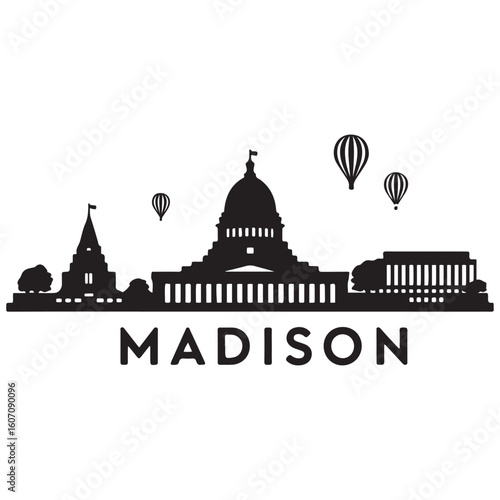 Vector Madison skyline. Travel Madison famous landmarks. Business and tourism concept for presentation, banner, web site. Vector black silhouette. with white background