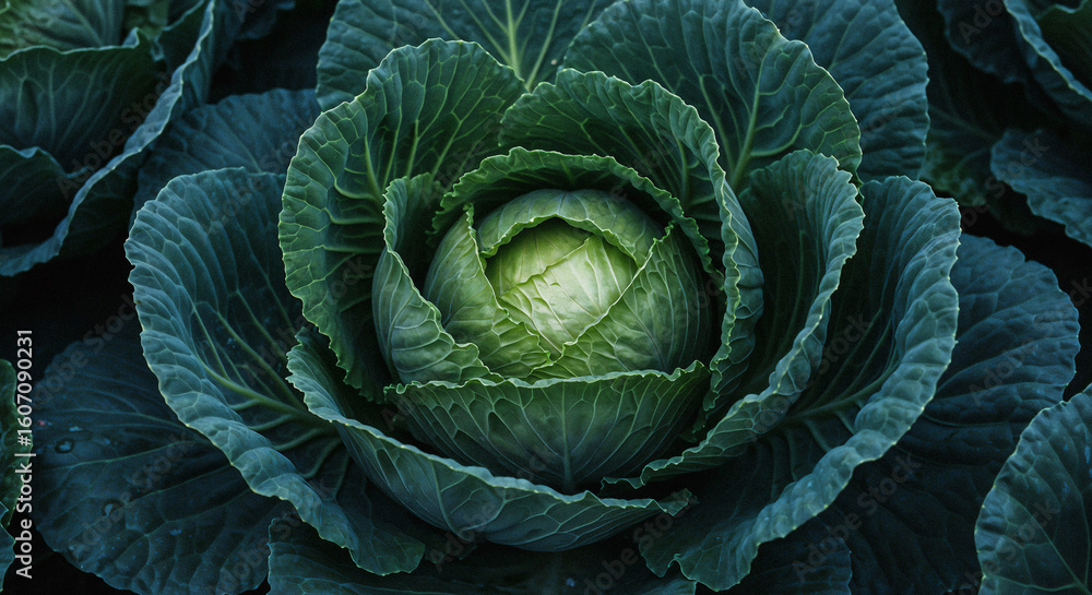 Obraz premium Green Cabbage Growing in the Field, Generative AI