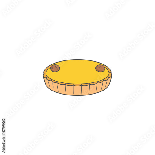 A simple cartoon illustration of a whole yellow tart with a fluted crust and two nuts on top.