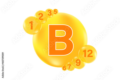 Vitamin B6 glowing 3D yellow gold molecule icon or bubble element isolated, transparent background, fluid flowing fizz, beauty supplement, nutrition products banner, presentation, infographic design
