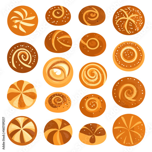 Assortment of cartoon-style bread rolls, top view, featuring swirls, scores, and sesame seeds.