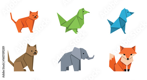 Origami animals collection: colorful geometric designs featuring cat, elephant, fox, and dog