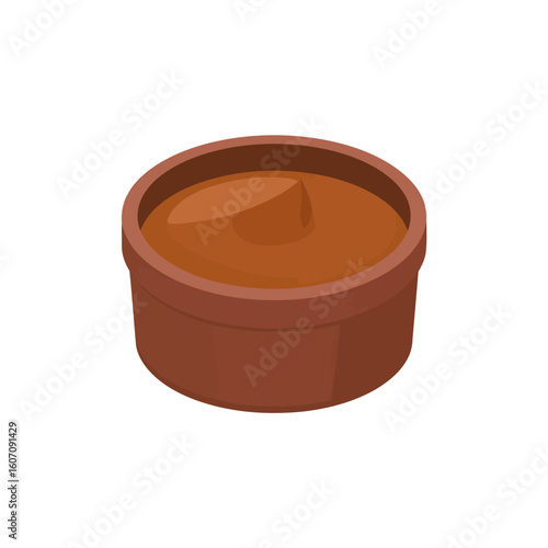Brown ceramic ramekin filled with smooth, glossy caramel or chocolate sauce.