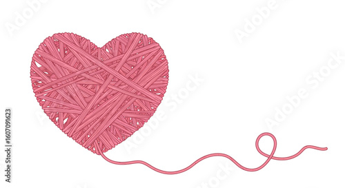 Heart shaped yarn ball with a loose strand on white background