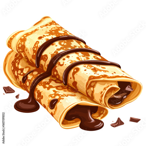 Two golden-brown rolled crepes filled with chocolate spread and drizzled with rich chocolate sauce.