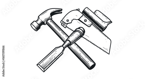 Vintage hand tools: hammer, hand saw, chisel, and plane