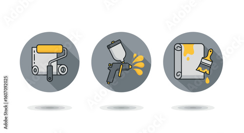 Painting tools icons: roller, spray gun, brush with long shadow style
