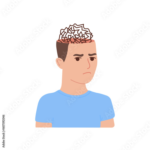 Man lost in thought, psychological stress and memory strain. Anxiety, mental overload, and emotional imbalance. Vector flat illustration