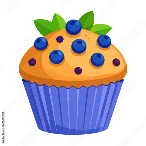 Delicious blueberry muffin illustration with fresh berries and green leaves in a purple paper liner.