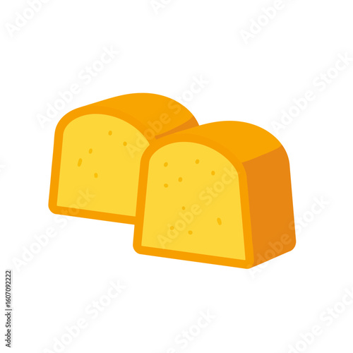 Two thick slices of golden yellow pound cake with an orange crust, a simple vector icon.