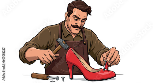 Craftsman repairing high heel shoe with expertise and precision in vibrant style