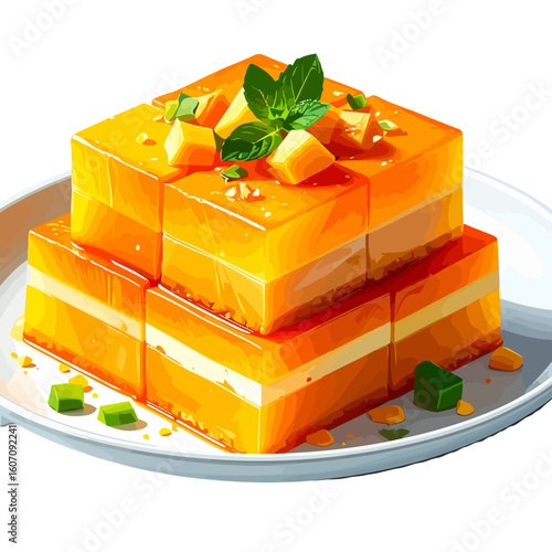 Layered mango jelly cake with a creamy filling, garnished with fresh mint and diced fruit.