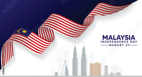 Malaysia Independence Day 31 August flag ribbon with cityscape vector poster