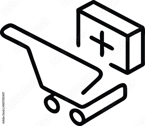Black isometric shopping cart with plus sign box add to cart