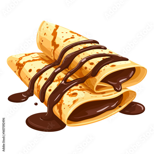 Two delicious rolled crepes filled with chocolate spread and drizzled with glossy dark chocolate sauce.