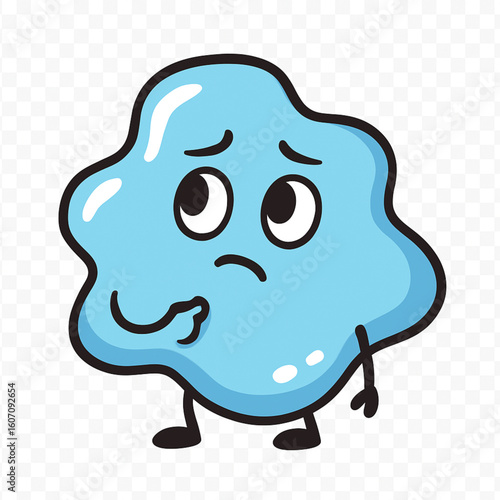 A poignant illustration of a soft, amorphous blue blob-like character, depicted with a sorrowful or contemplative expression, and small, expressive limbs
