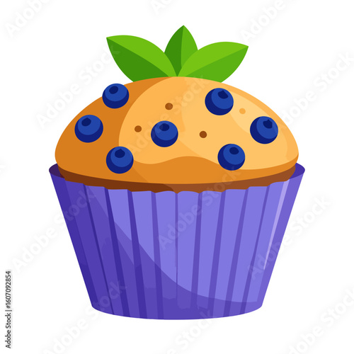 Cartoon blueberry muffin with fresh berries and mint garnish in a purple pleated liner.