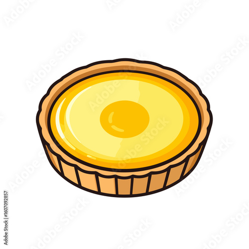 Stylized cartoon illustration of a whole egg tart with a shiny yellow custard filling and a golden fluted crust.