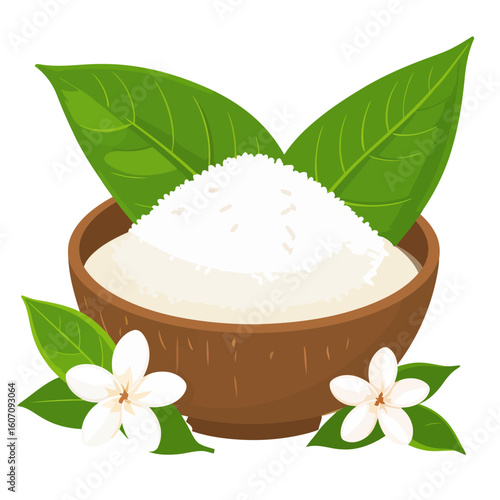 Coconut shell bowl with white powder, decorated with tropical green leaves and white plumeria flowers.