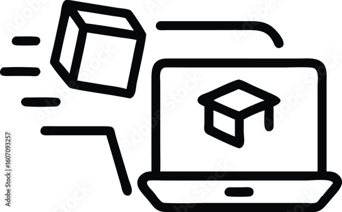 Black outline icon of a package arriving at a laptop